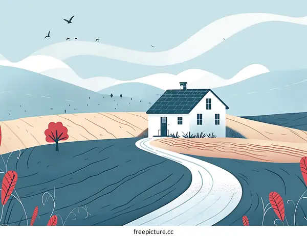 Countryside House with Winding Path Illustration
