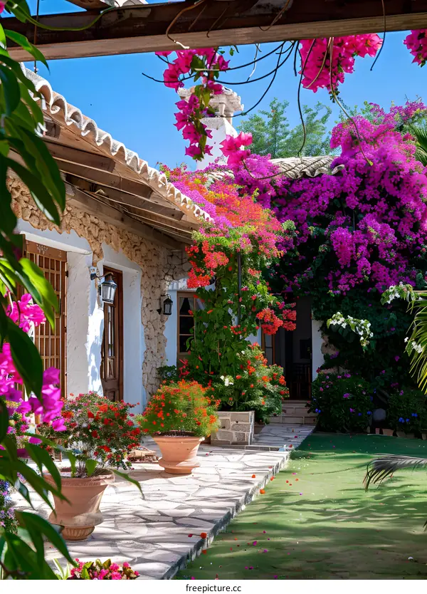 Stone House With Bougainvillea Flowers