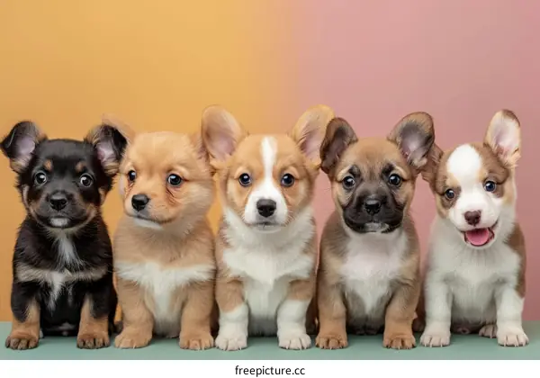 Five adorable puppies of different breeds sitting in a row against a colorful background
