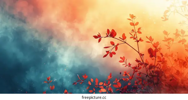 Vibrant Autumn Landscape: Red Leaves Against a Blue and Orange Sky