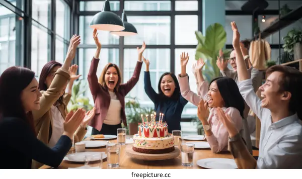 Colleagues celebrating a birthday in the office