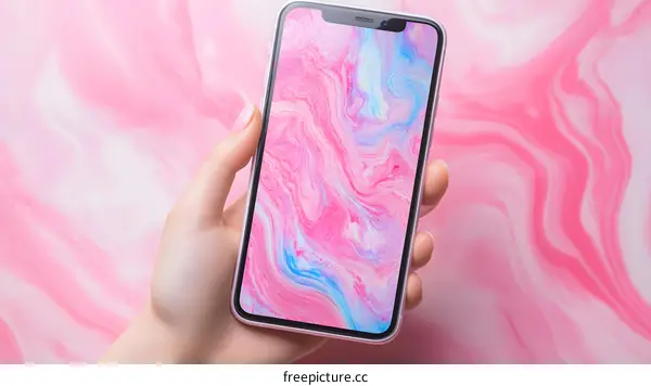 Hand Holding Smartphone with Pink and Blue Abstract Background