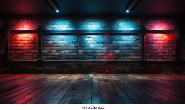 Blue and red neon lights illuminate a brick and wood room