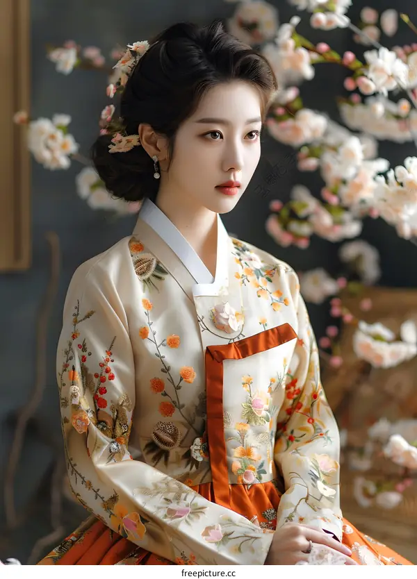 Portrait of a young woman in traditional Korean dress, or Hanbok
