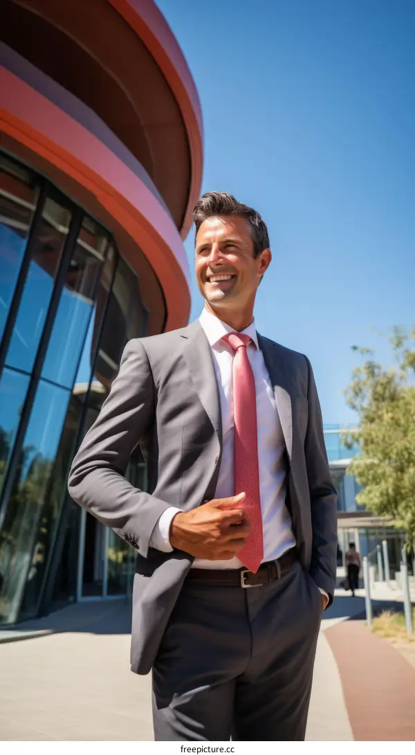 Businessman in a suit standing outside an office building