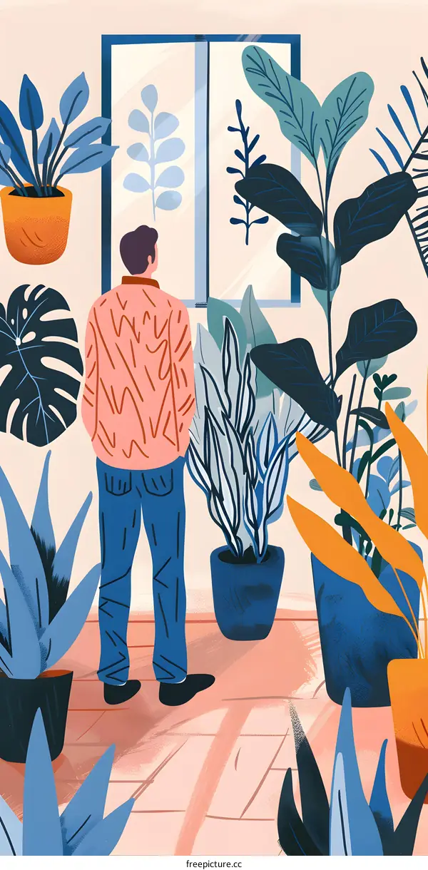 Man Standing In A Room Filled With Plants Looking Out The Window