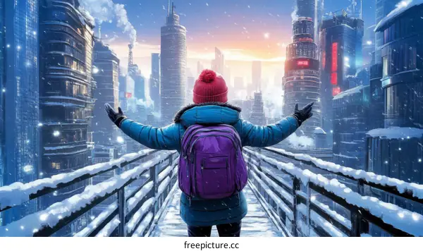 Snowy Futuristic Cityscape with a Child