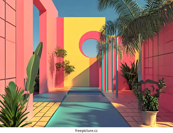 Minimalist Geometric Tropical Garden With Pink And Yellow Walls
