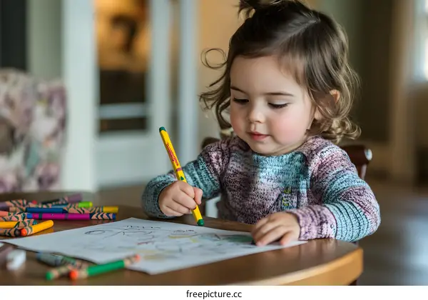 Little Girl Drawing With Crayons at a Table