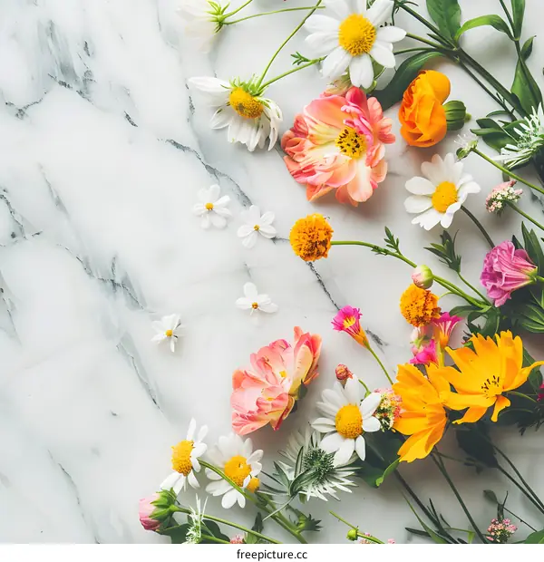 Colorful Flowers on White Marble Background
