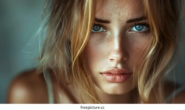 Portrait of a young woman with freckles and blue eyes