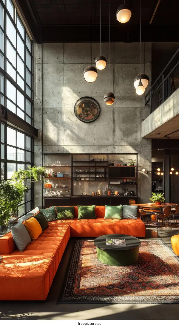 Modern Industrial Loft Living Room with Orange Sofa