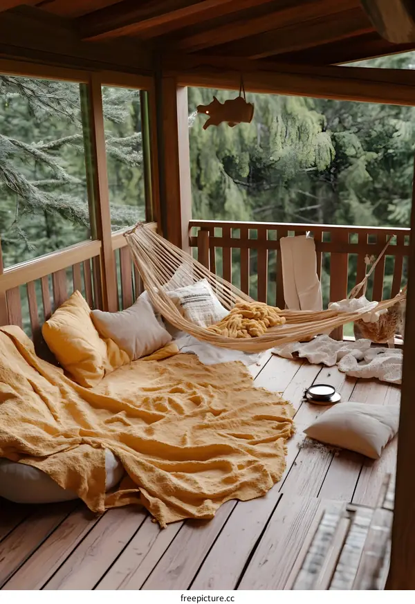 Cozy Hammock on Wooden Deck with Forest View