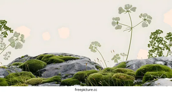 Green Moss and Flowers on Rocks in a Landscape