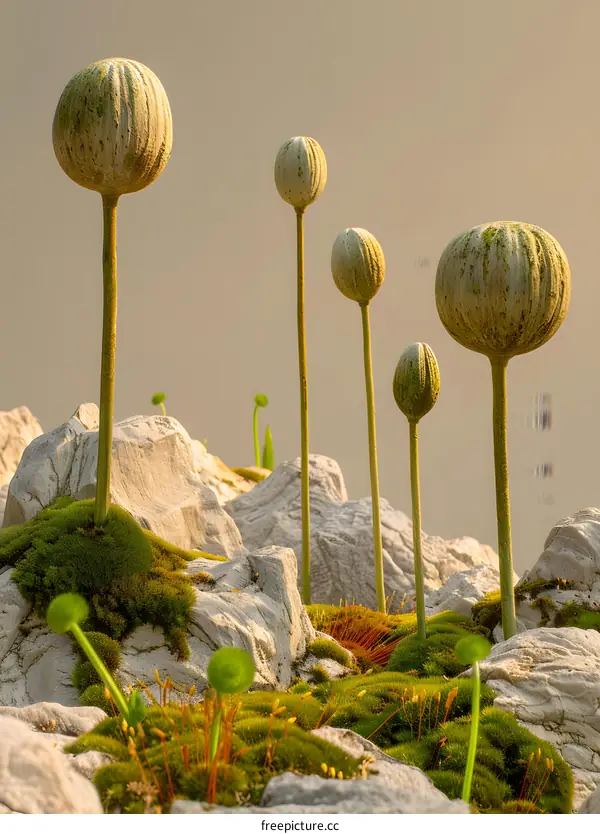 Minimalist 3D Rendered Landscape with Green Pods and Moss