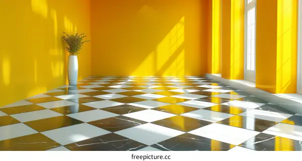 Empty Room with Yellow Walls and Checkerboard Floor