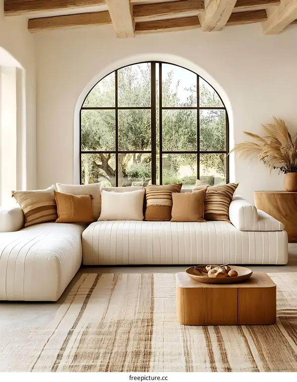 Modern Beige Living Room with Large Arch Window