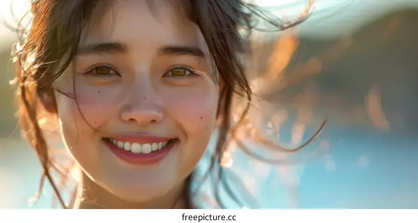 Portrait of a smiling Asian woman with long dark hair