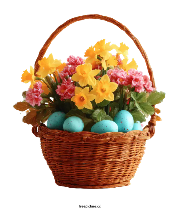 [Transparent Background PNG]Easter Basket with Flowers and Eggs