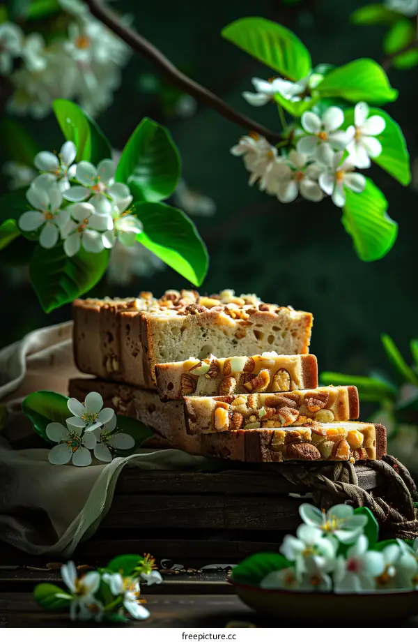 A delicious loaf cake with nuts and white flowers