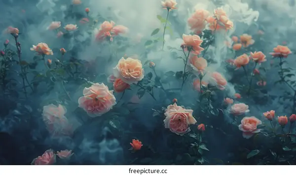 ethereal rose garden with peach roses in the fog