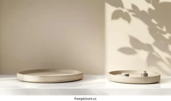 Wooden Tray Display with Natural Light and Shadows