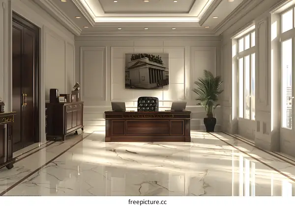 An illustration of a classic style office room with wooden desk and marble floor