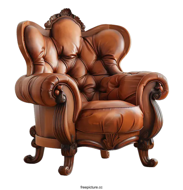 [Transparent Background PNG]Brown Leather Armchair With Carved Wooden Details