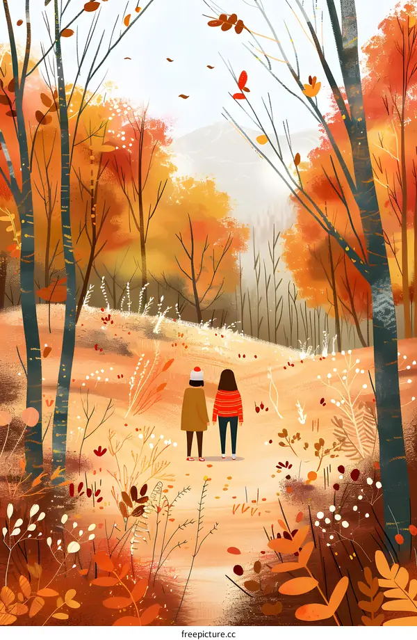 Autumn Illustration of Two Friends Walking in Forest