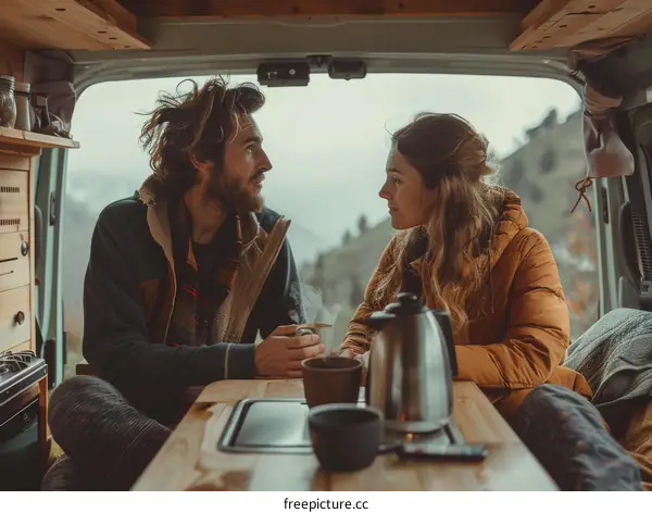 Young couple sitting in a van looking at each other