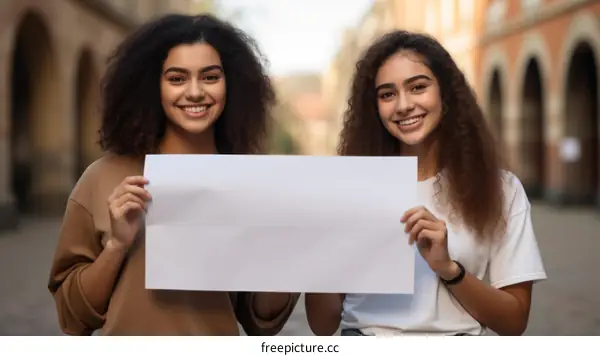 Two young women holding a blank sign