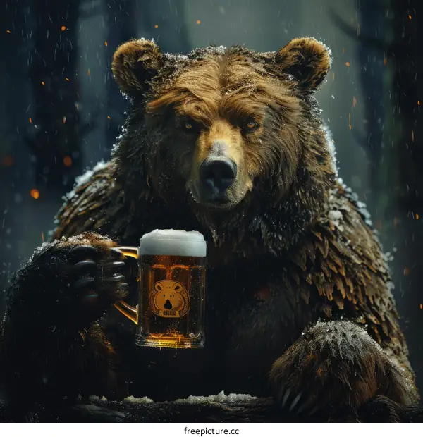 A bear is drinking beer in the forest