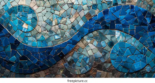 Blue Mosaic Tiles Arranged in a Wave Pattern