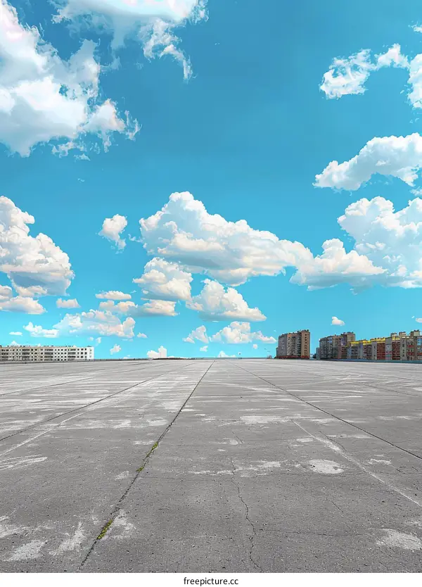 An empty parking lot with a clear blue sky above