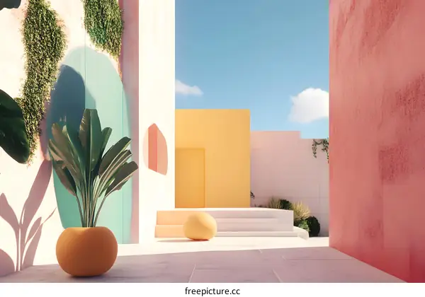 Minimalist Architectural Design With Colorful Walls and Green Plants