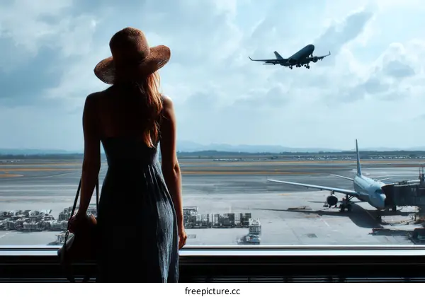 Woman Watching Airplane at Airport