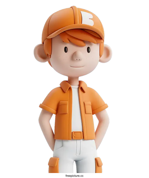 [Transparent Background PNG]Smiling Cartoon Boy Wearing Orange Work Uniform