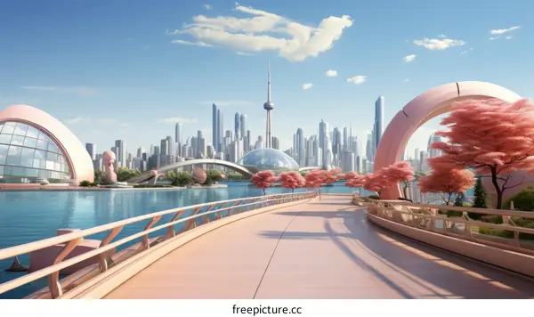 futuristic city with a pink bridge and cherry blossom trees