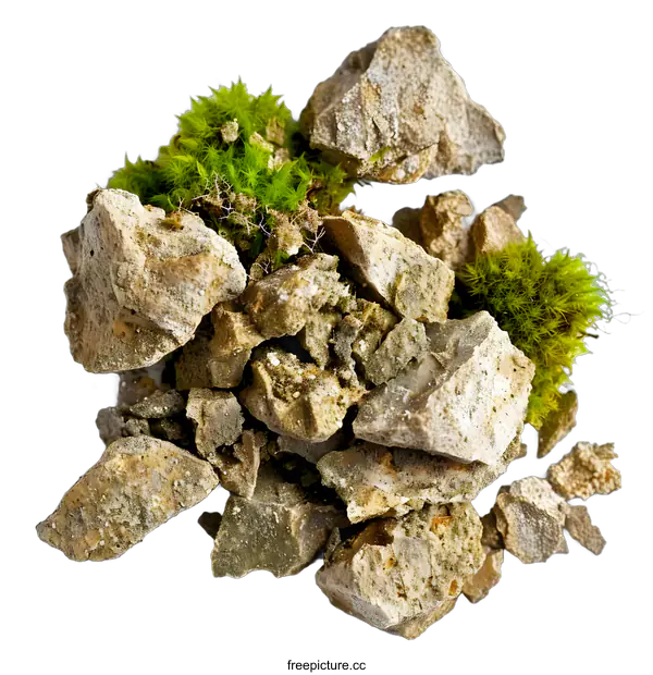 [Transparent Background PNG]Pile of Broken Rocks with Moss Growing
