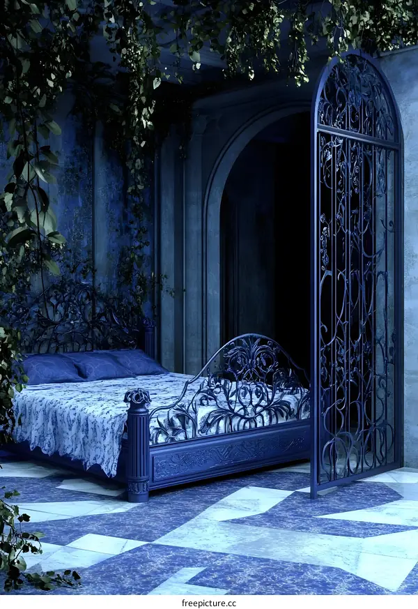 Blue Romantic Bedroom With Ornate Iron Bed And Gate