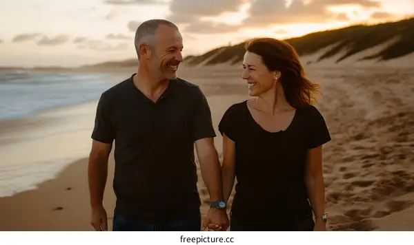 Couple Walking Hand in Hand on Beach at Sunset