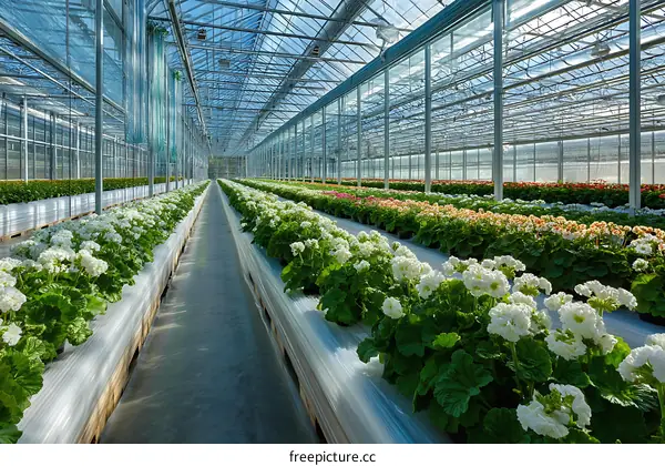 Modern Greenhouse with Colorful Flowers