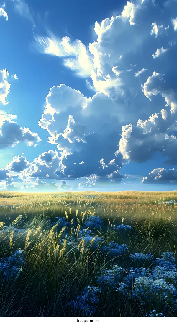 The golden prairie undulates in the wind under the blue sky and white clouds