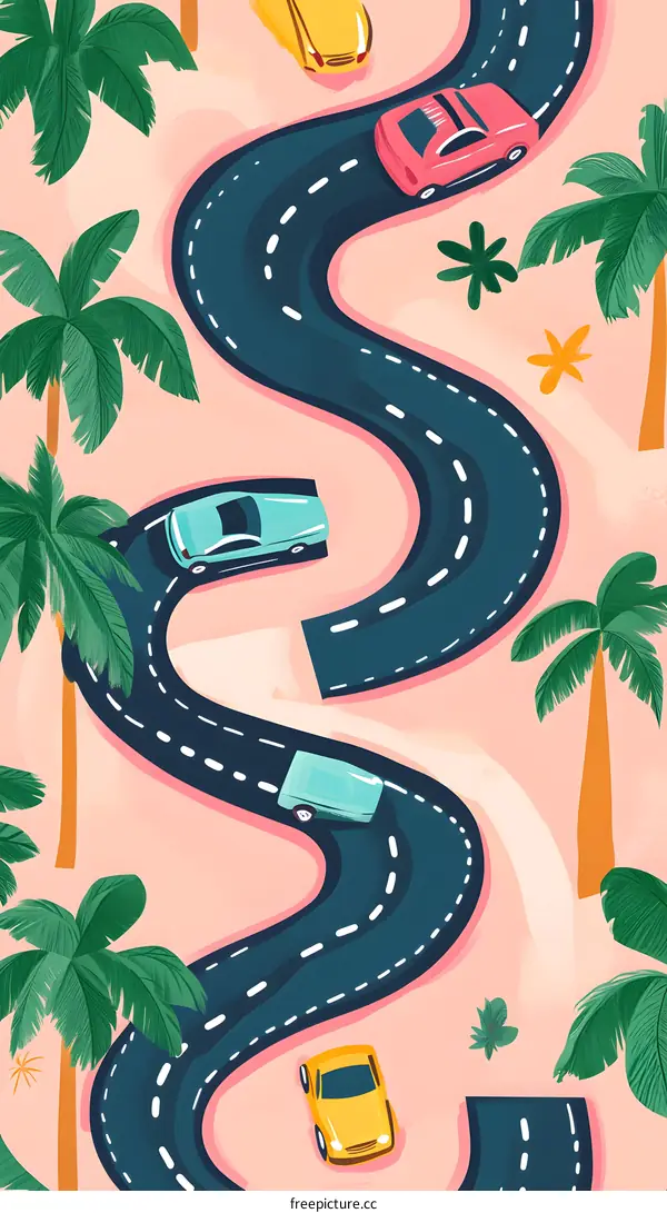 Tropical Road With Cars Illustration