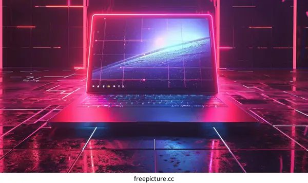 Laptop in a futuristic setting