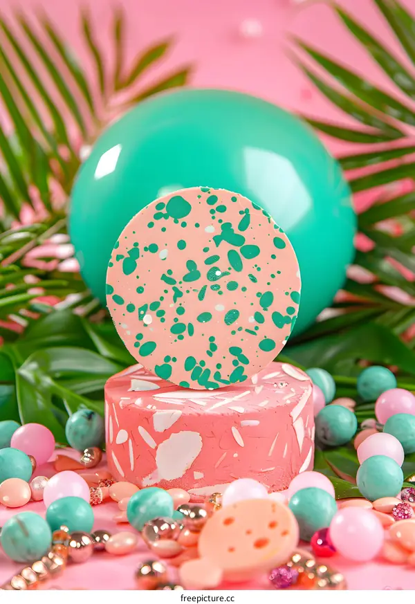 Pink and Green Cake with Tropical Leaves and Beads