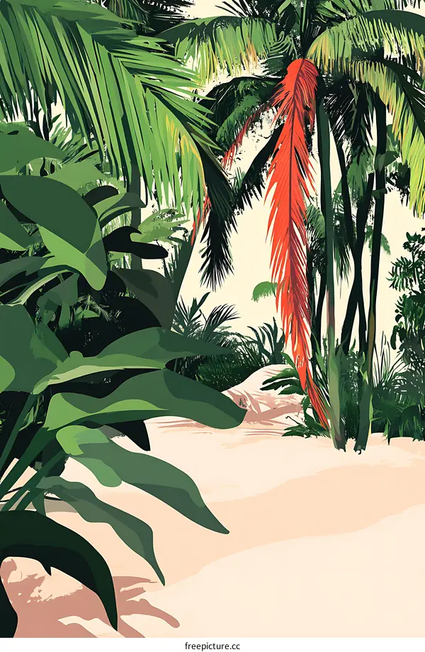 Tropical Jungle Illustration With Red Flower