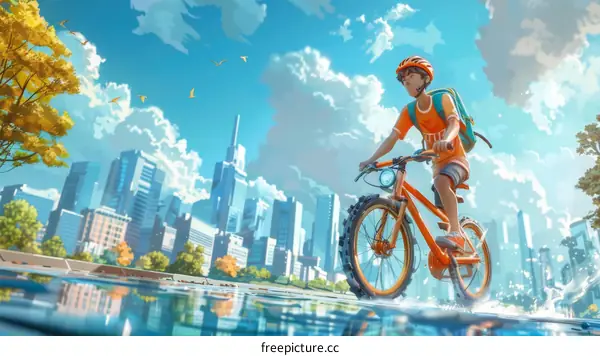 Boy Riding Bike Through Rainy City