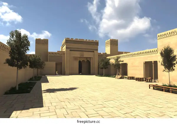 Ancient Palace Courtyard with Towers and Arches