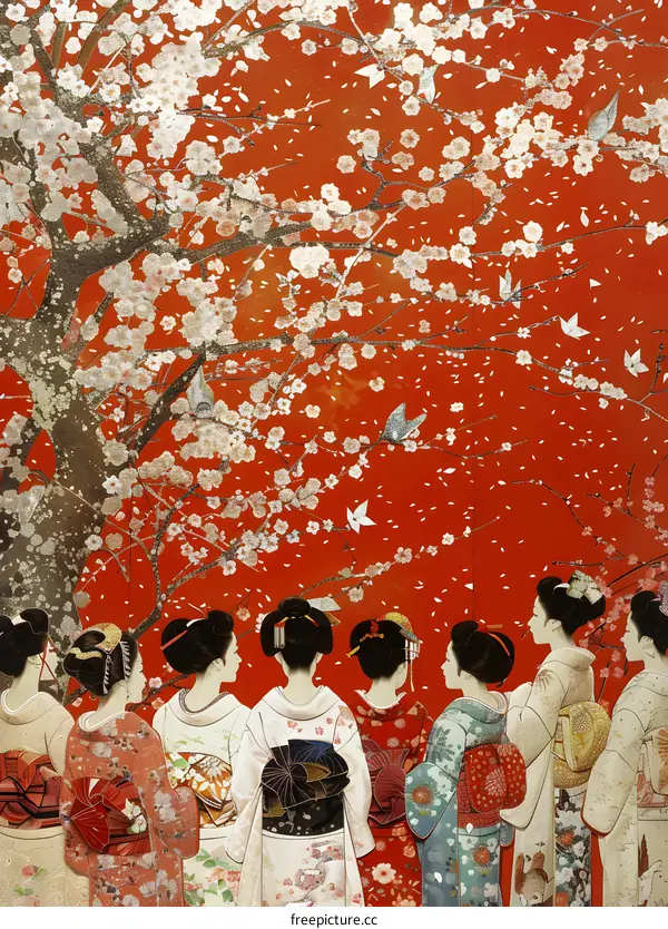 Eight Beauties Under Blossoms